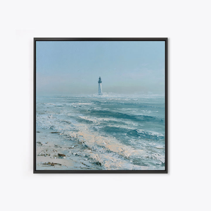 Dramatic Lighthouse in Distant Spray Framed Canvas Print, Seascape Art, Gallery Decor, Coastal Decor, Fine Art, Seascape, SEA-1x1-78