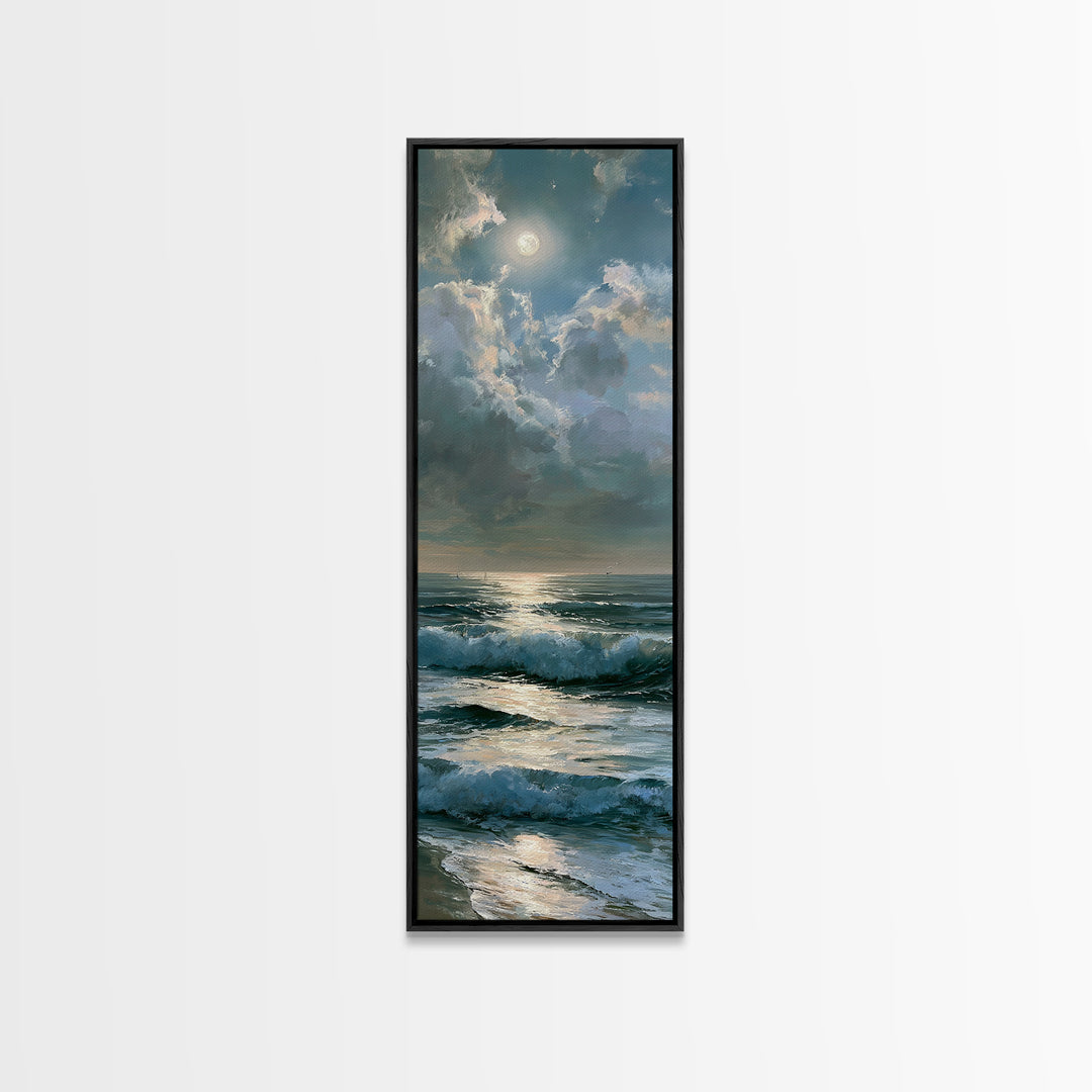 Moonlit Ocean with Silver Path of Light Framed Canvas Print, Seascape Art, Home Decor, Coastal Decor, Fine Art, Seascape, SEA-1x3-15