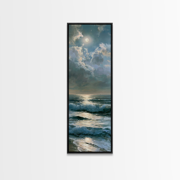 Moonlit Ocean with Silver Path of Light Framed Canvas Print, Seascape Art, Home Decor, Coastal Decor, Fine Art, Seascape, SEA-1x3-15