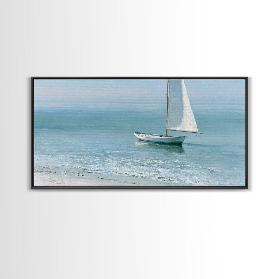 Quiet Sailboat on Glassy Water Framed Canvas Print, Seascape Art, Watercolor Painting, Coastal Decor, Fine Art, Seascape, SEA-2x1-100