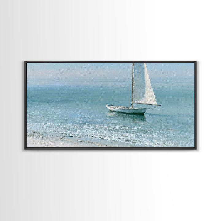 Quiet Sailboat on Glassy Water Framed Canvas Print, Seascape Art, Watercolor Painting, Coastal Decor, Fine Art, Seascape, SEA-2x1-100