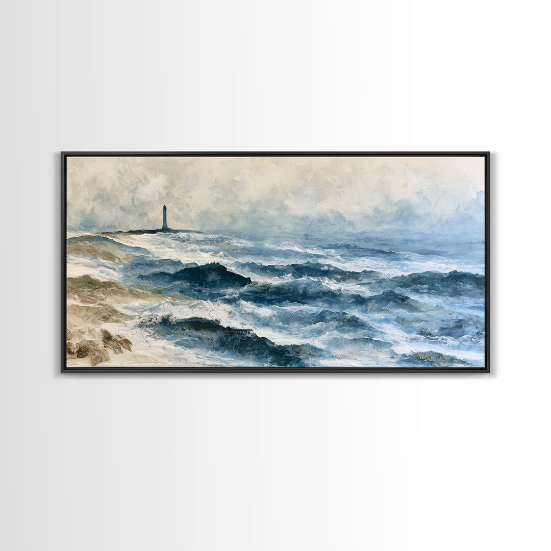 Dramatic Lighthouse in Distant Spray Canvas Print, Seascape Art, Boho Decor, Coastal Decor, Abstract Art, Seascape, SEA-2x1-26