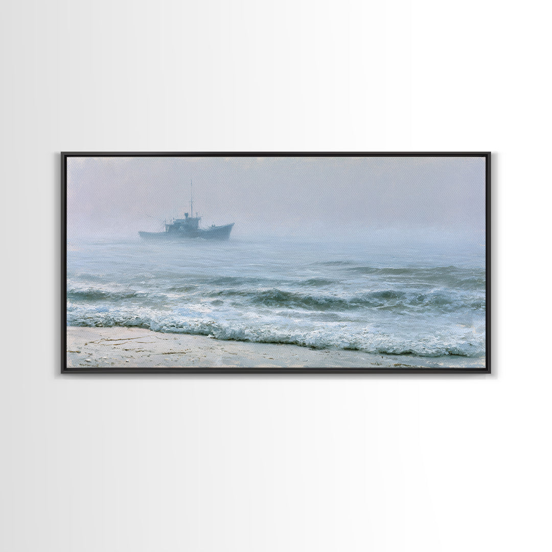 Fishing Boat Silhouette Framed Canvas Print, Seascape Art, Luxury Decor, Coastal Decor, Fine Art, Seascape, Oil Painting, SEA-2x1-34