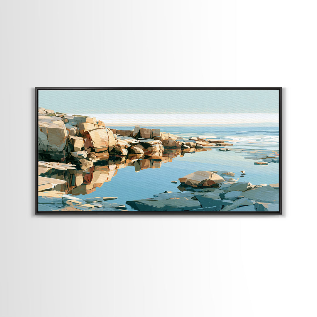 Rocky Tidepool with Reflections Framed Canvas Print, Seascape Art, Bedroom Decor, Coastal Decor, Seascape, Coastal Wall Art, SEA-2x1-55