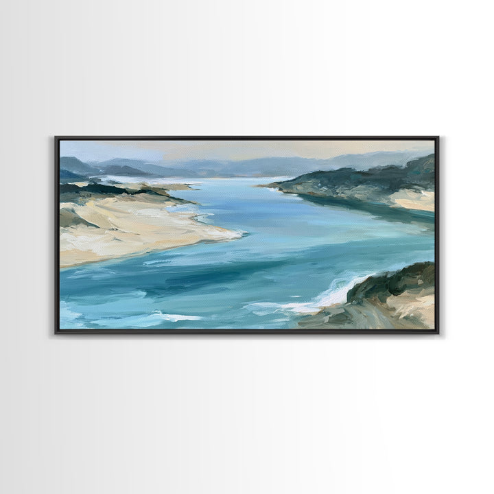 Coastal Cove with Turquoise Water Framed Canvas Print, Seascape Art, Wall Art Print, Coastal Decor, Watercolor Art, Seascape, SEA-2x1-59