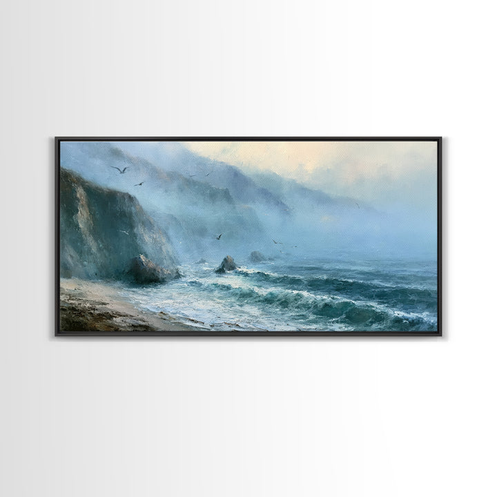 Misty Sea Cliffs Framed Canvas Print, Seascape Art, Abstract Art, Coastal Decor, Seascape, Nautical Decor, Coastal Wall Art, SEA-2x1-97