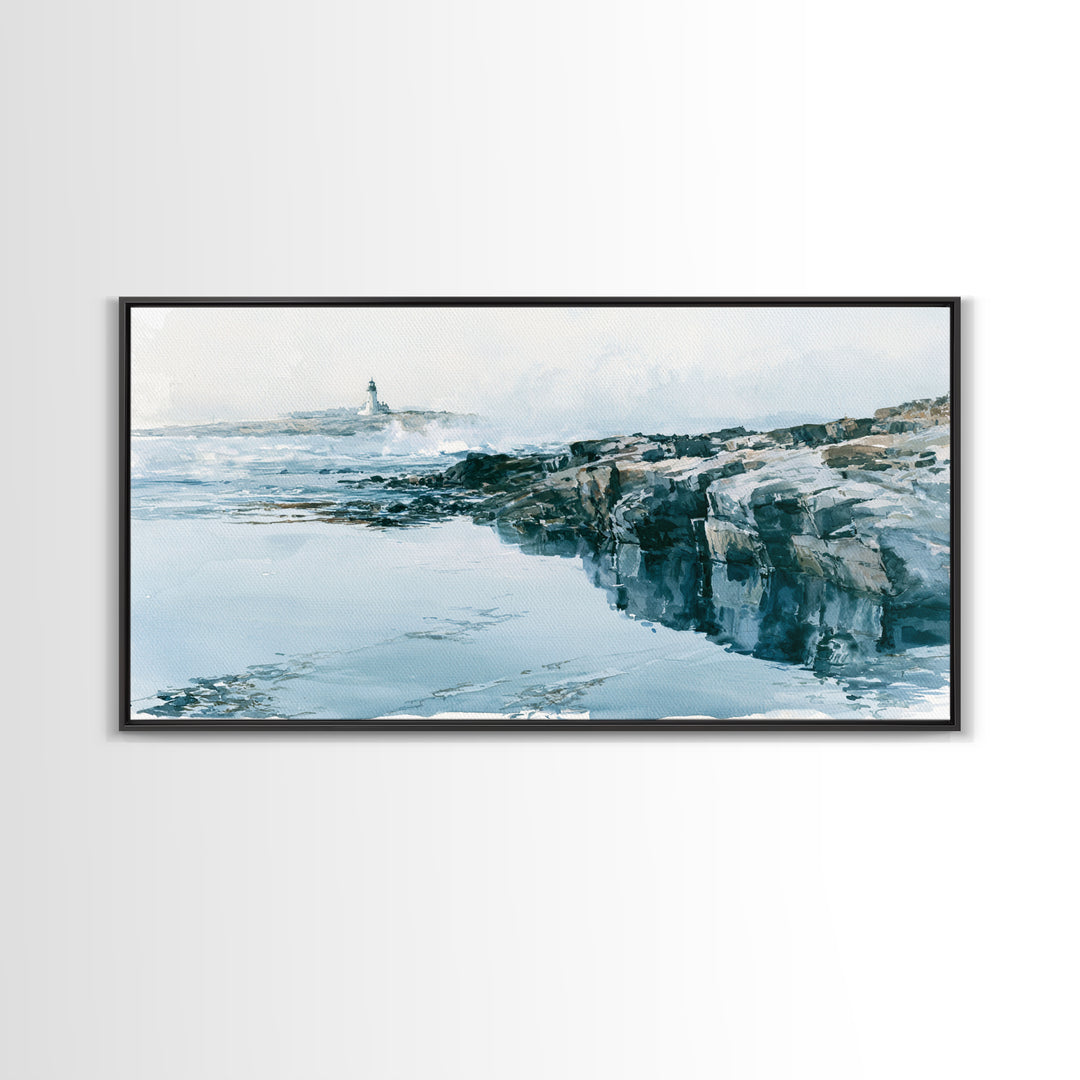 Dramatic Lighthouse in Distant Spray Canvas Print, Seascape Art, Coastal Decor, Watercolor Art, Seascape, Printable Art, SEA-2x1-98