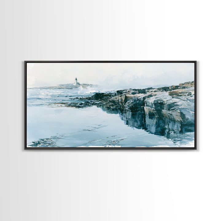 Dramatic Lighthouse in Distant Spray Canvas Print, Seascape Art, Coastal Decor, Watercolor Art, Seascape, Printable Art, SEA-2x1-98