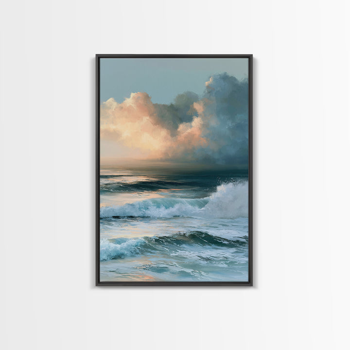 Whitecaps Rolling under Storm Light Framed Canvas Print, Seascape Art, Contemporary Art, Coastal Decor, Oil Painting, Seascape, SEA-2x3-21