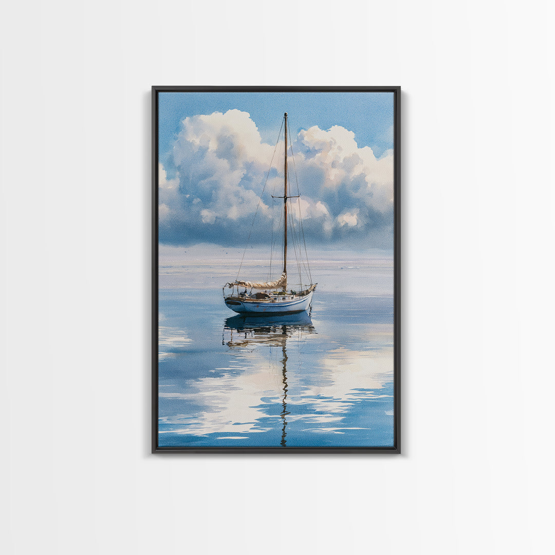 Quiet Sailboat on Glassy Water Framed Canvas Print, Seascape Art, Room Decor, Coastal Decor, Seascape, Digital Wall Art, SEA-2x3-64