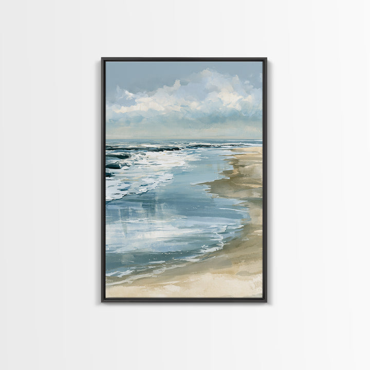Golden Beach Tide at Low Water Framed Canvas Print, Seascape Art, Digital Prints, Coastal Decor, Watercolor Art, Seascape, SEA-2x3-98
