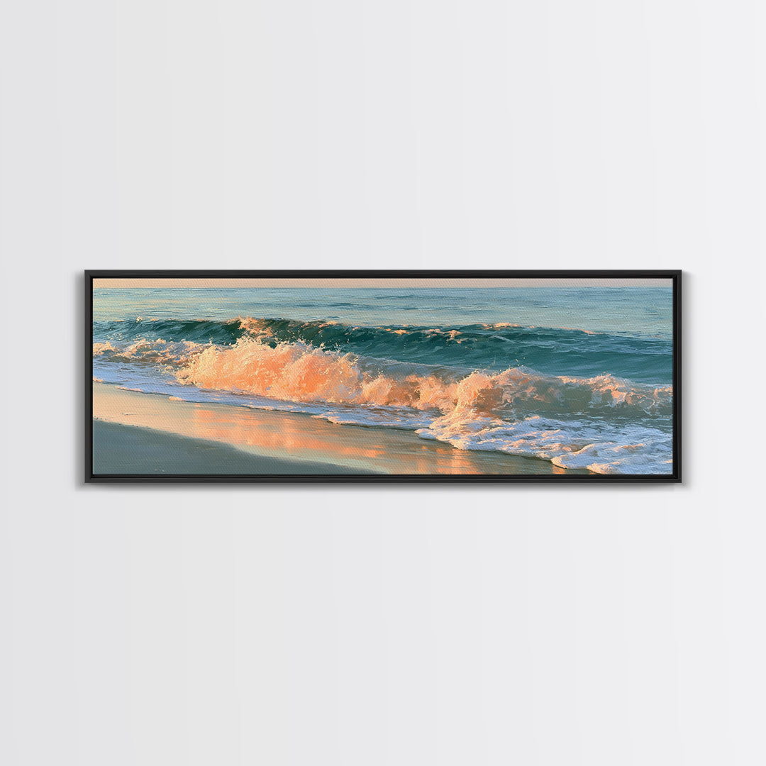 Sunset Surf Glowing Orange and Pink Framed Canvas Print, Seascape Art, Wall Decor, Coastal Decor, Fine Art, Seascape, SEA-3x1-44