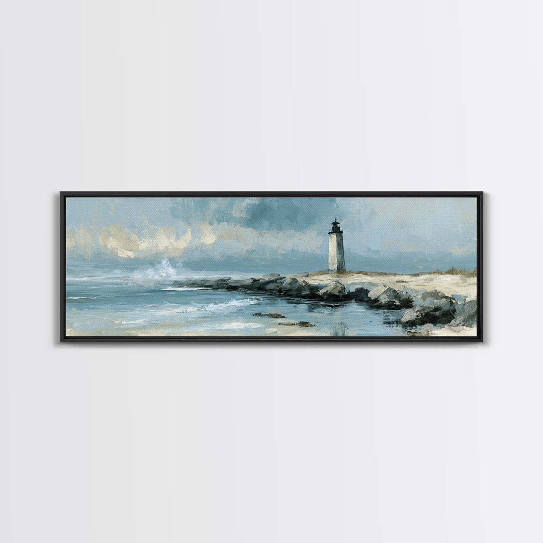 Dramatic Lighthouse in Distant Spray Canvas Print, Seascape Art, Digital Print, Coastal Decor, Seascape, Watercolor Art, SEA-3x1-46