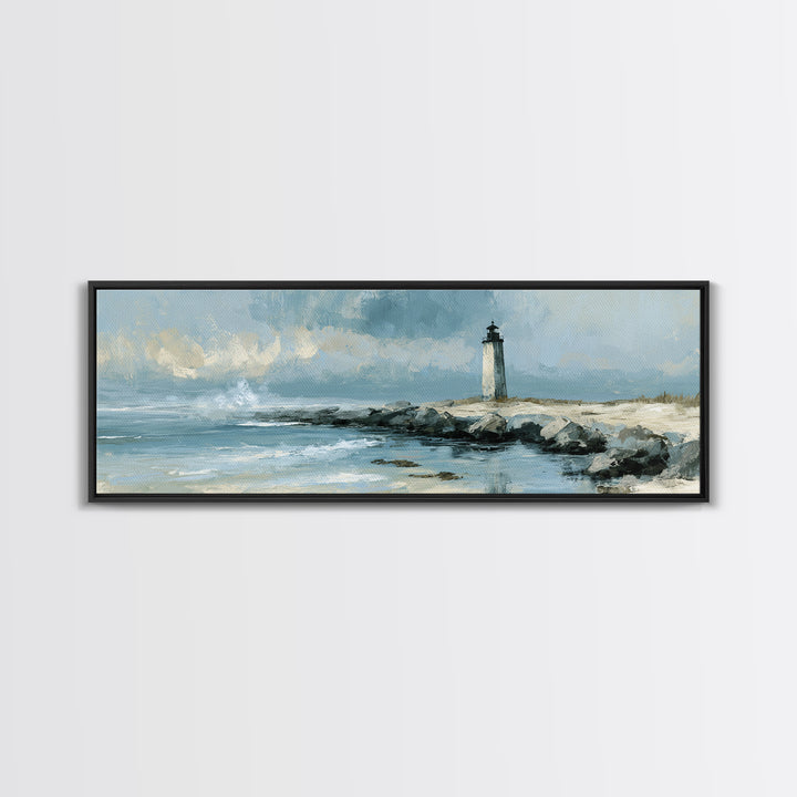 Dramatic Lighthouse in Distant Spray Canvas Print, Seascape Art, Digital Print, Coastal Decor, Seascape, Watercolor Art, SEA-3x1-46