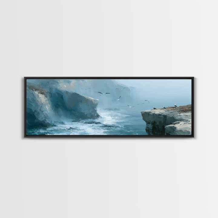 Misty Sea Cliffs Framed Canvas Print, Seascape Art, Bedroom Wall Art, Coastal Decor, Seascape, Boho Decor, Luxury Decor, SEA-3x1-69