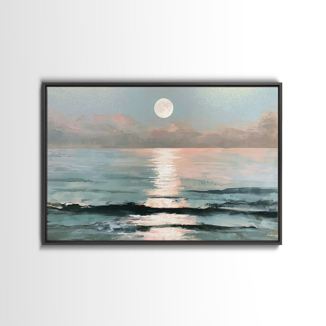 Moonlit Ocean with Silver Path of Light Framed Canvas Print, Seascape Art, Bedroom Wall Art, Coastal Decor, Watercolor Art, SEA-3x2-31