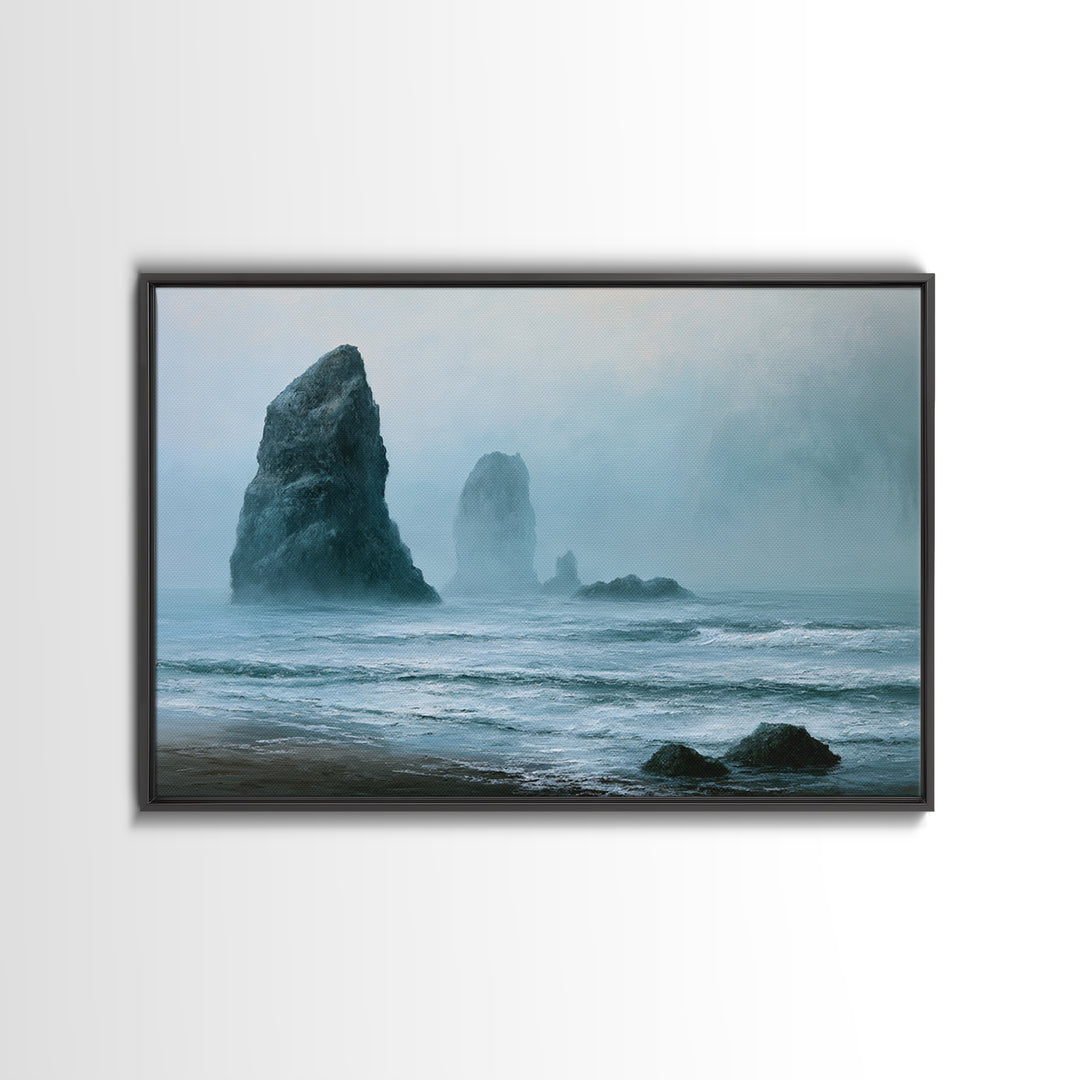 Sea Stack Rocks Framed Canvas Print, Seascape Art, Room Decor, Coastal Decor, Oil Painting, Seascape, Digital Wall Art, SEA-3x2-47