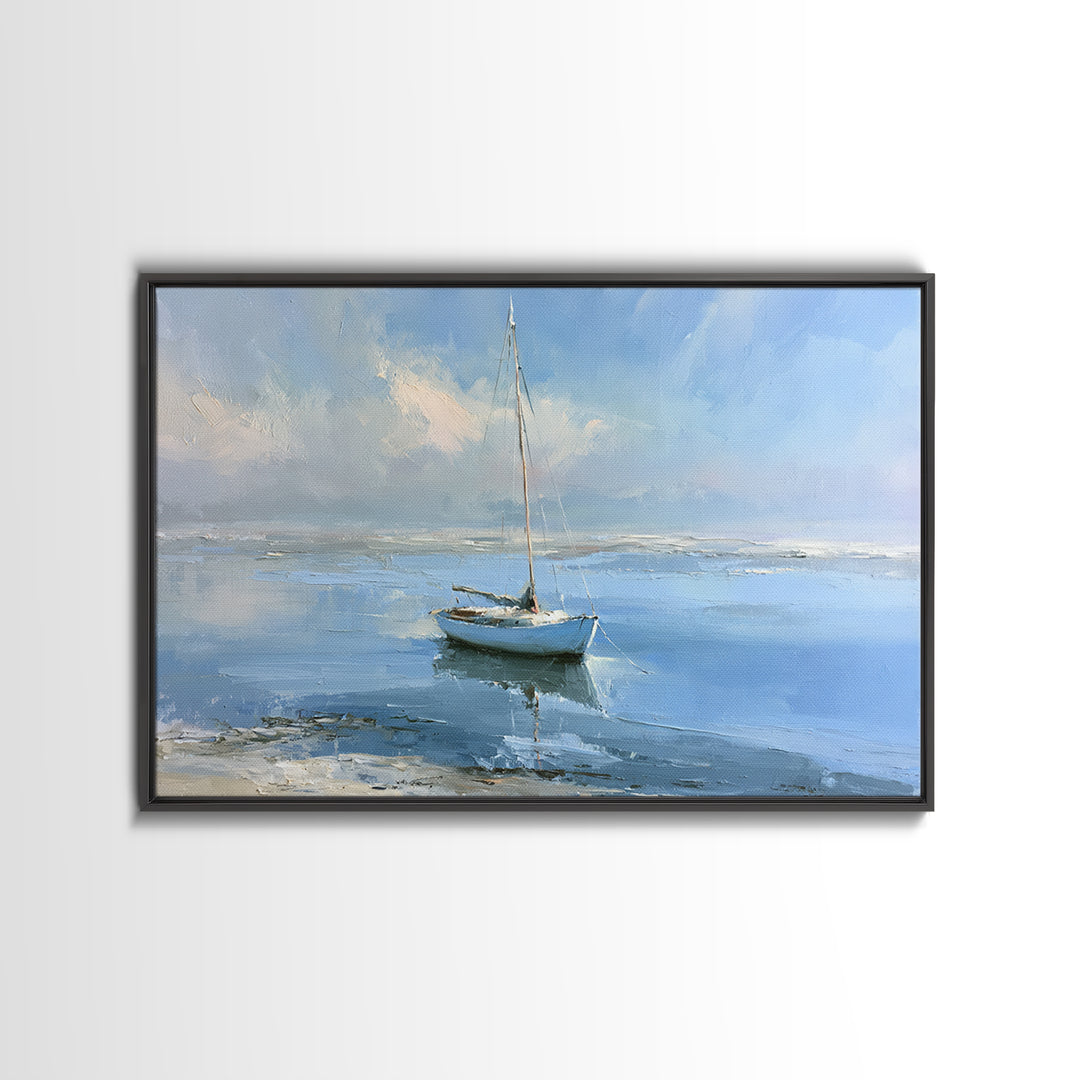 Quiet Sailboat on Glassy Water Framed Canvas Print, Seascape Art, Beach Decor, Coastal Decor, Seascape, Minimalist Decor, SEA-3x2-60