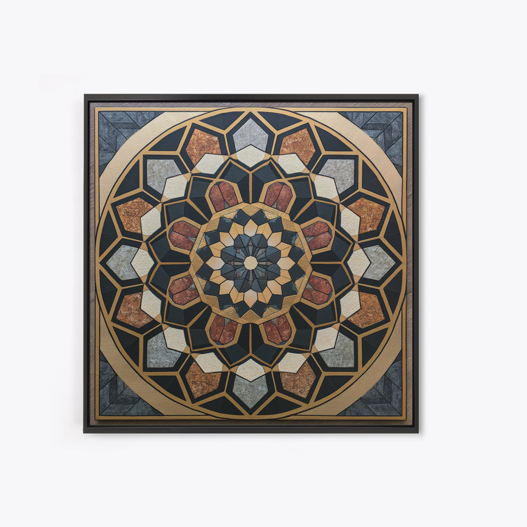 Black and Gold Geometric Rosette Framed Canvas Print, Sacred Geometry Art, Digital Art, Living Room Decor, Fine Art, Geometry, SGA-1x1-12