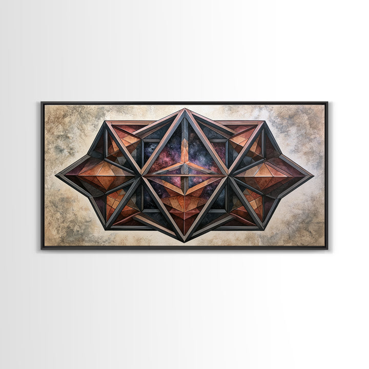 Star Tetrahedron with Watercolor Galaxy Wash Canvas Print, Sacred Geometry Art, Wabi Sabi Art, Living Room Decor, Geometry, SGA-2x1-100