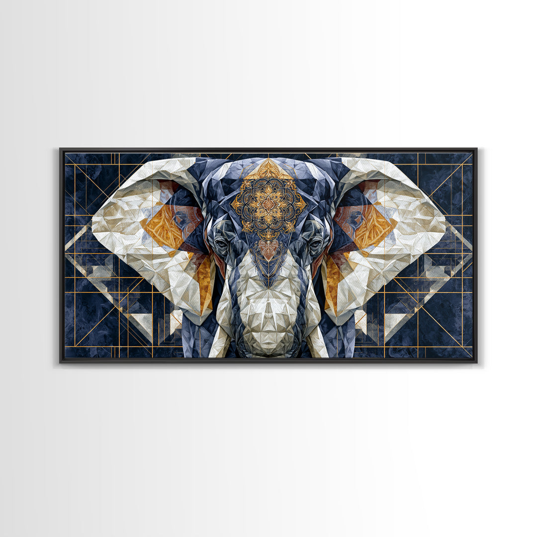 Geometric Elephant with Ornate Mandala Lines Canvas Print, Sacred Geometry Art, Contemporary Art, Living Room Decor, Geometry, SGA-2x1-54