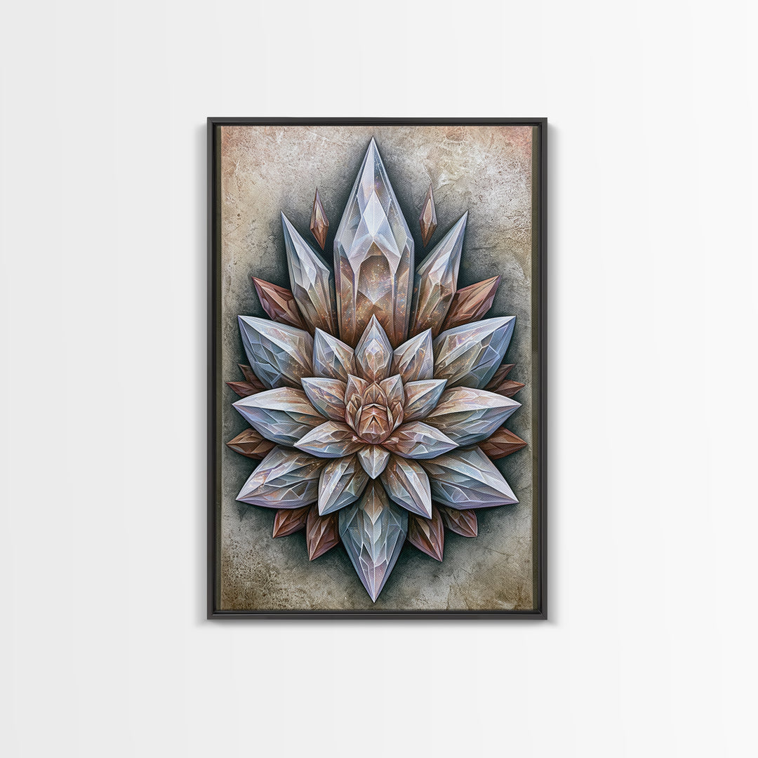 Crystal Lotus Arrangement Framed Canvas Print, Sacred Geometry Art, Boho Wall Decor, Living Room Decor, Fine Art, Geometry, SGA-2x3-28