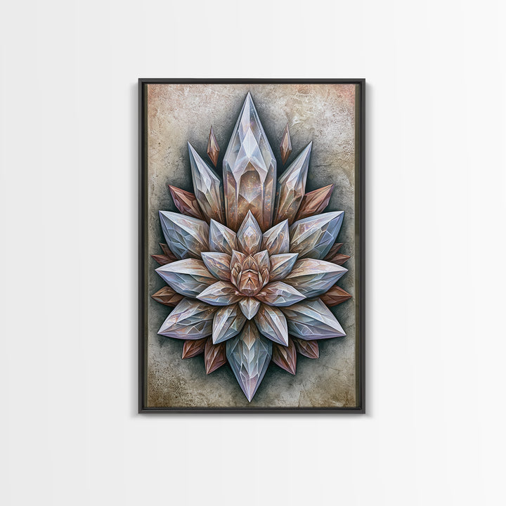 Crystal Lotus Arrangement Framed Canvas Print, Sacred Geometry Art, Boho Wall Decor, Living Room Decor, Fine Art, Geometry, SGA-2x3-28
