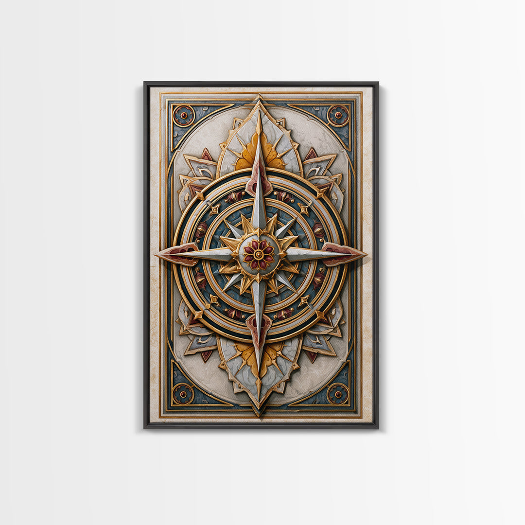 Gold Line Compass Mandala on Parchment Canvas Print, Sacred Geometry Art, Wall Decor, Living Room Decor, Abstract Art, Geometry, SGA-2x3-29