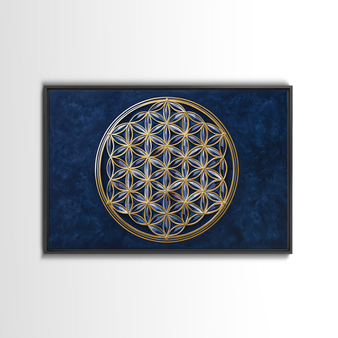 Flower of Life Pattern Framed Canvas Print, Sacred Geometry Art, Floral Prints, Living Room Decor, Oil Painting, Geometry, SGA-3x2-5