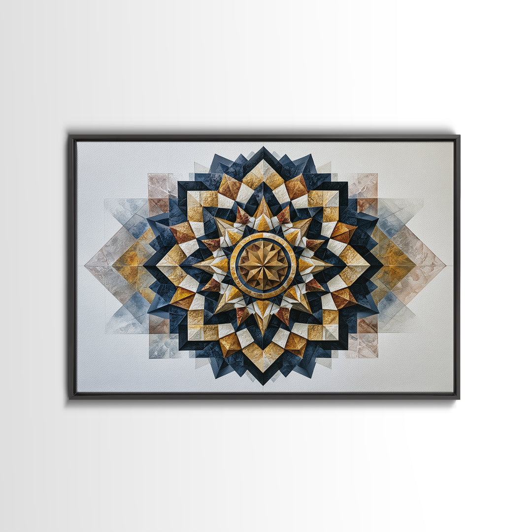 Black and Gold Geometric Rosette Framed Canvas Print, Sacred Geometry Art, Home Decor, Living Room Decor, Fine Art, Geometry, SGA-3x2-64