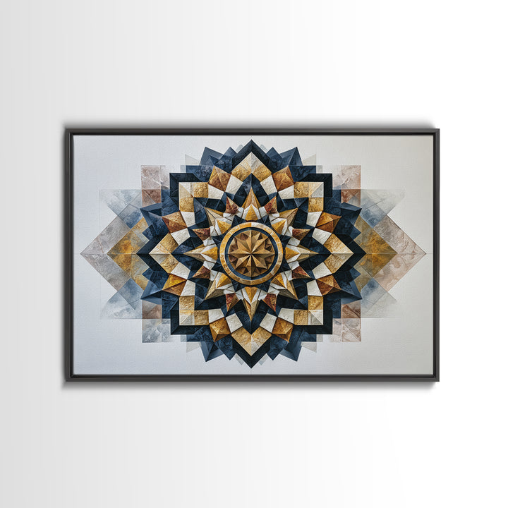 Black and Gold Geometric Rosette Framed Canvas Print, Sacred Geometry Art, Home Decor, Living Room Decor, Fine Art, Geometry, SGA-3x2-64