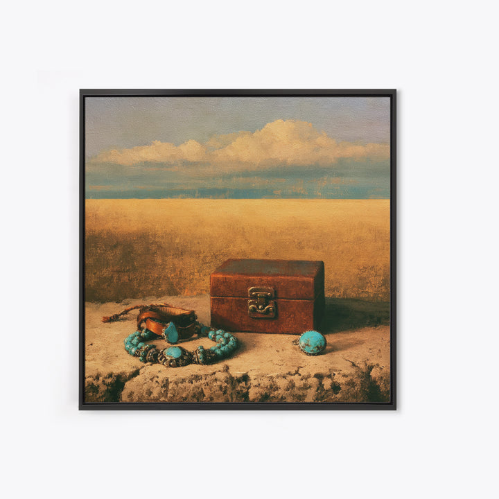 Turquoise Jewelry and Leather Still Life Framed Canvas Print, Southwestern Art, Boho Wall Art, Southwestern Decor, Mesa, SOU-1x1-11