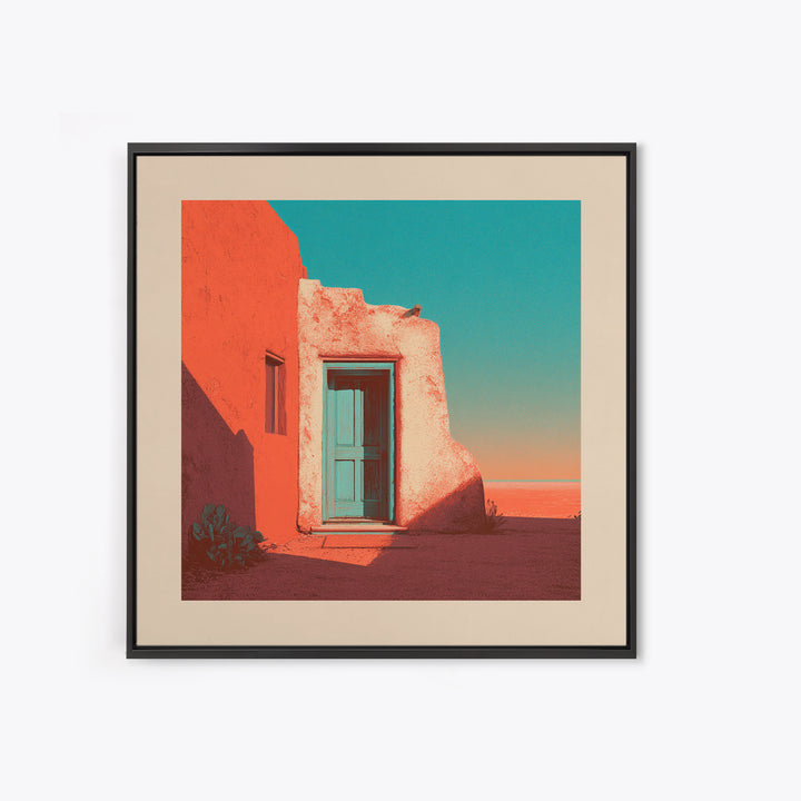 Adobe Doorway with Turquoise Blue Shadow Framed Canvas Print, Southwestern Art, Textured Painting, Southwestern Decor, Mesa, SOU-1x1-29