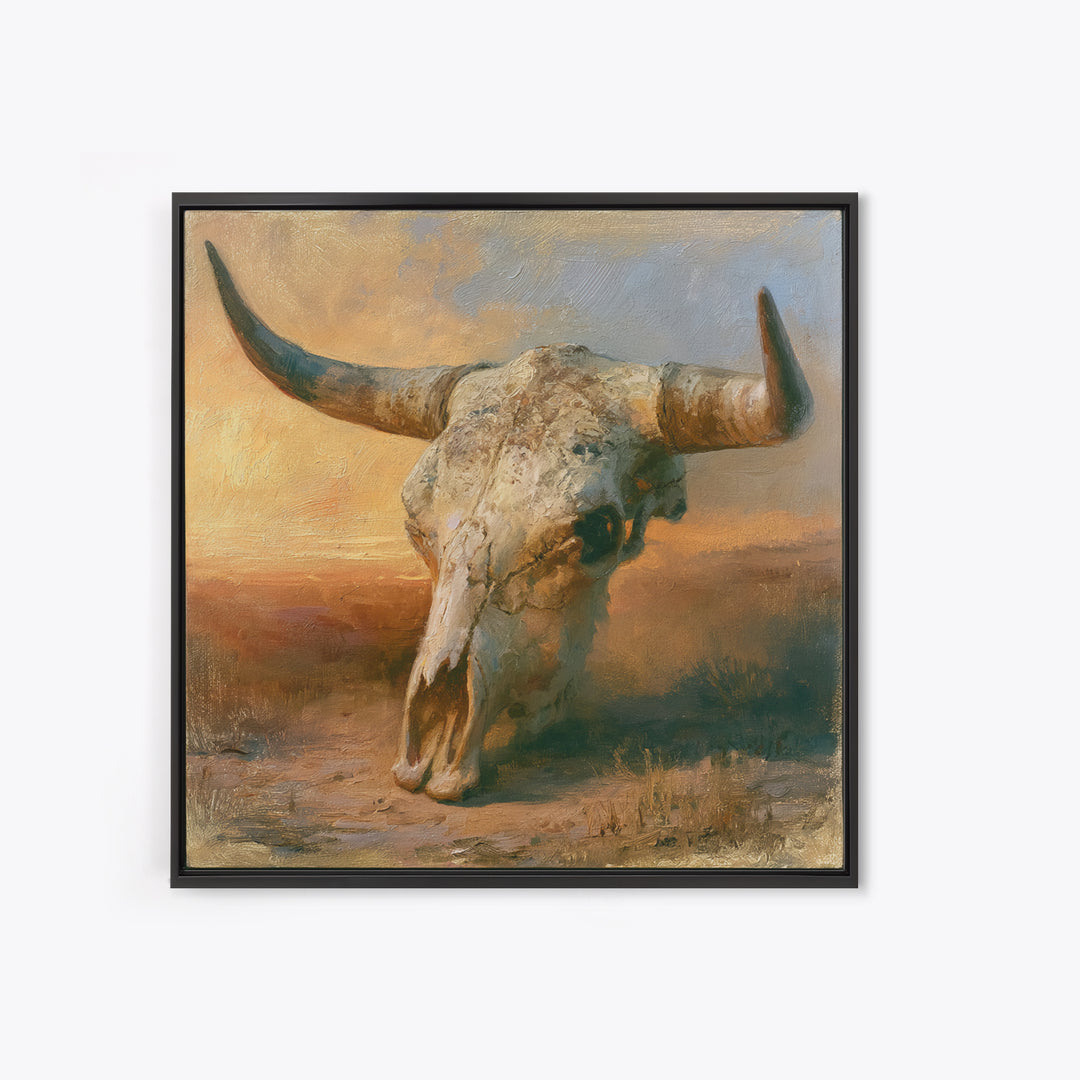 Sun Bleached Longhorn Skull Still Life Framed Canvas Print, Southwestern Art, Southwestern Decor, Abstract Art, Mesa, SOU-1x1-33