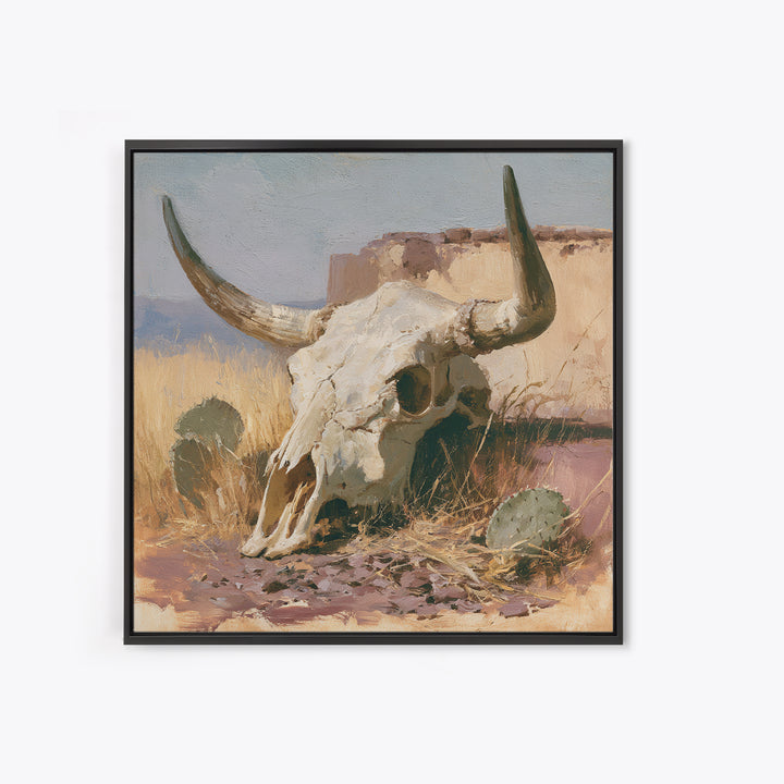 Sun Bleached Longhorn Skull Still Life Framed Canvas Print, Southwestern Art, Southwestern Decor, Abstract Art, Mesa, SOU-1x1-57