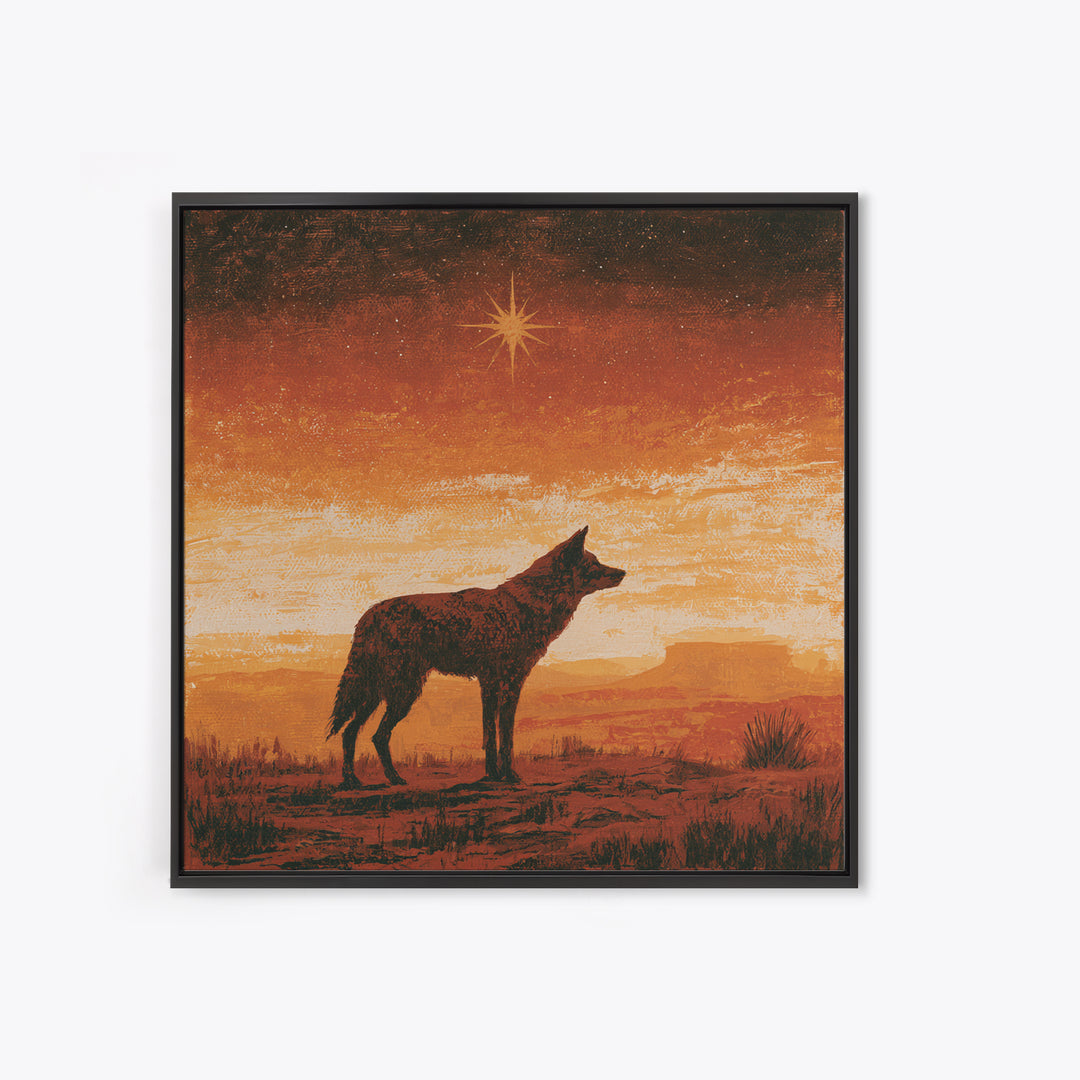 Coyote Silhouette Beneath Starry Sky Framed Canvas Print, Southwestern Art, Neutral Decor, Southwestern Decor, Fine Art, Mesa, SOU-1x1-63