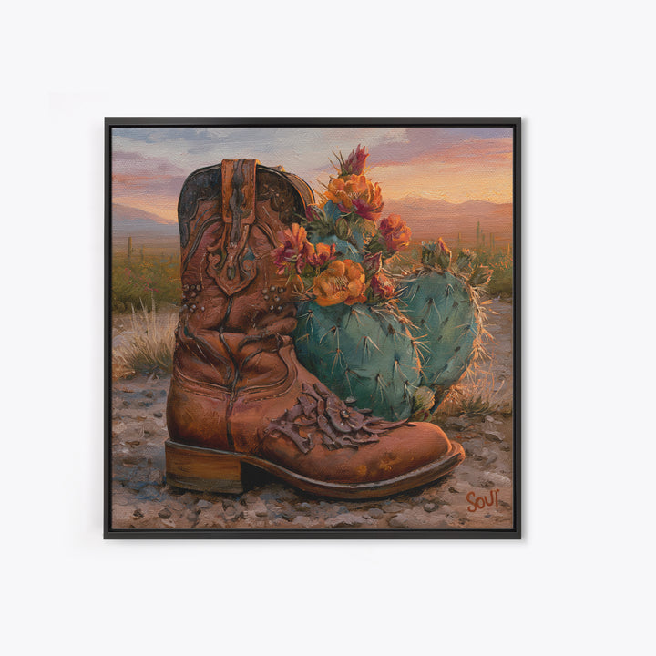 Western Boot with Cactus Blossoms Framed Canvas Print, Southwestern Art, Luxury Decor, Southwestern Decor, Fine Art, Mesa, SOU-1x1-65