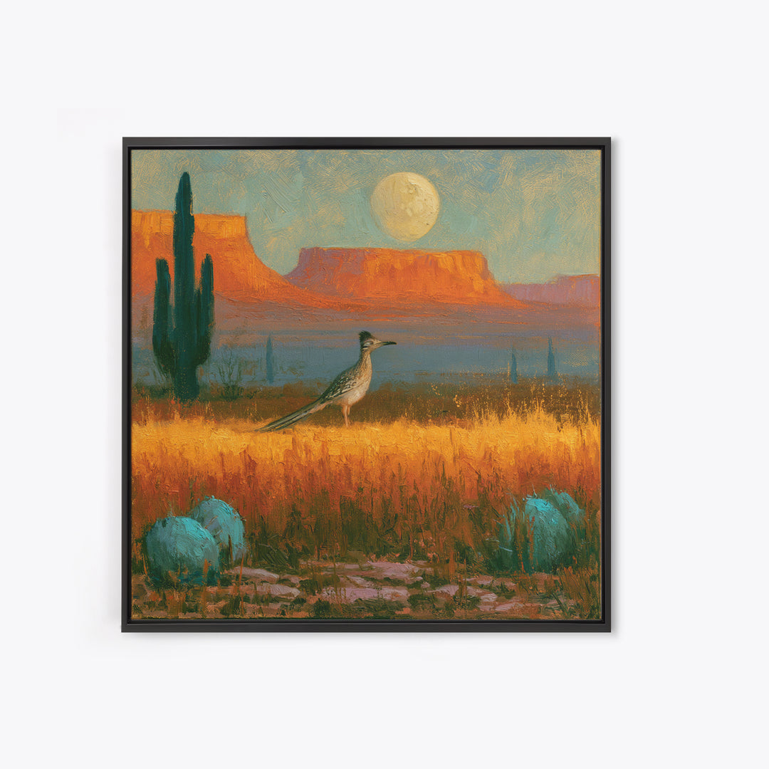 Roadrunner under a Pale Desert Moon Framed Canvas Print, Southwestern Art, Digital Wall Art, Southwestern Decor, Oil Painting, SOU-1x1-8