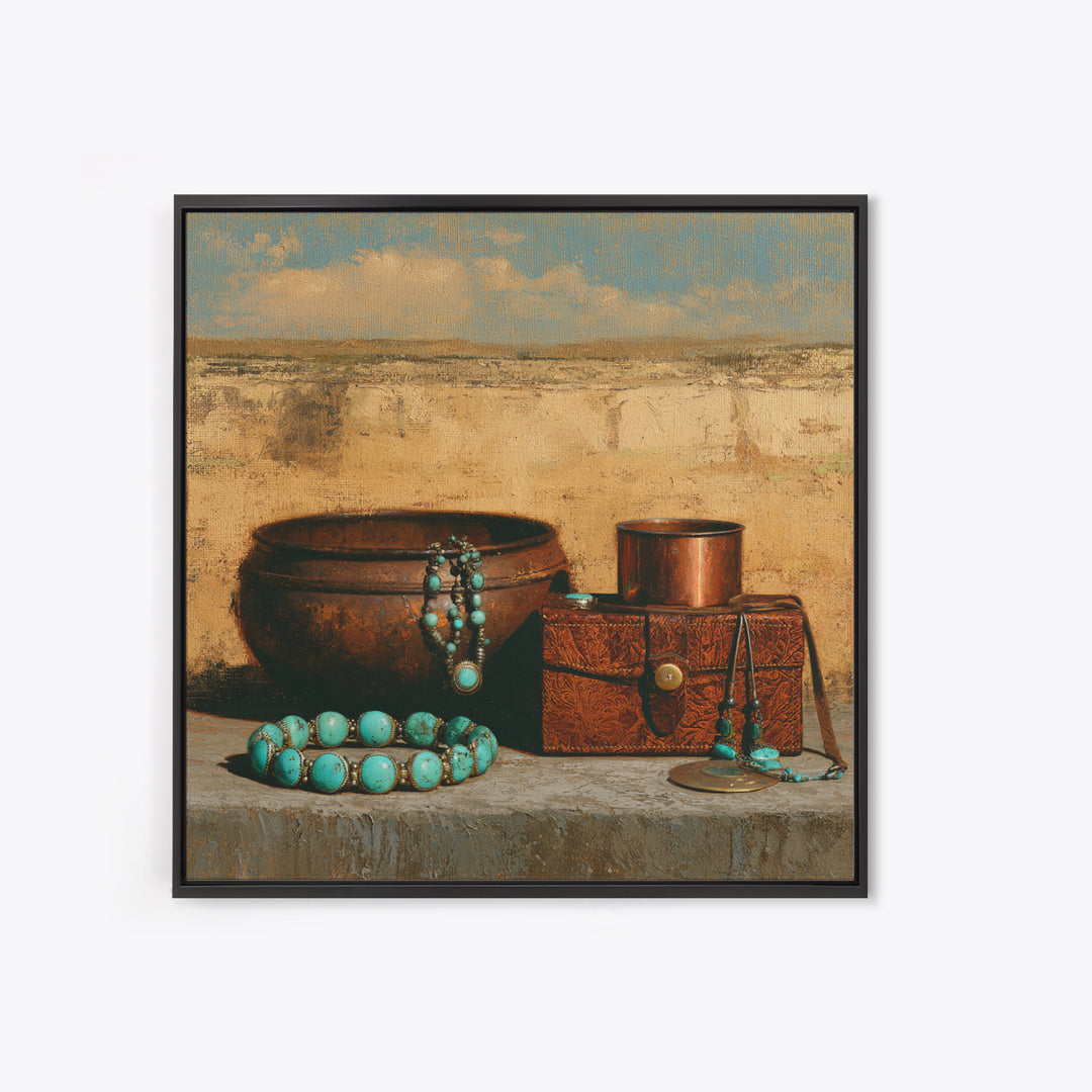Turquoise Jewelry and Leather Still Life Framed Canvas Print, Southwestern Art, Luxury Decor, Southwestern Decor, Mesa, SOU-1x1-83