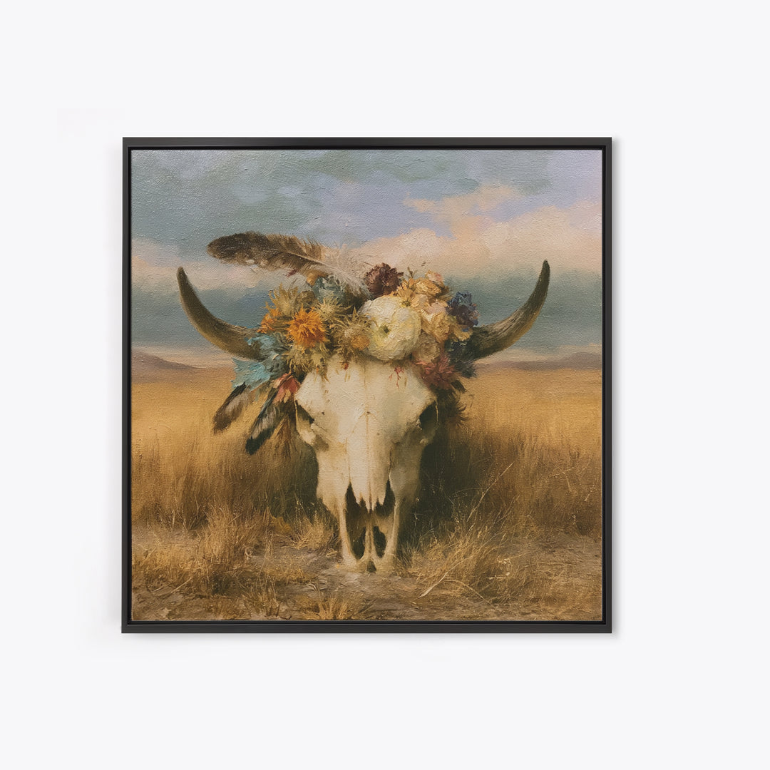 Cow Skull with Desert Flowers and Feathers Canvas Print, Southwestern Art, Wall Decor, Southwestern Decor, Oil Painting, Mesa, SOU-1x1-99