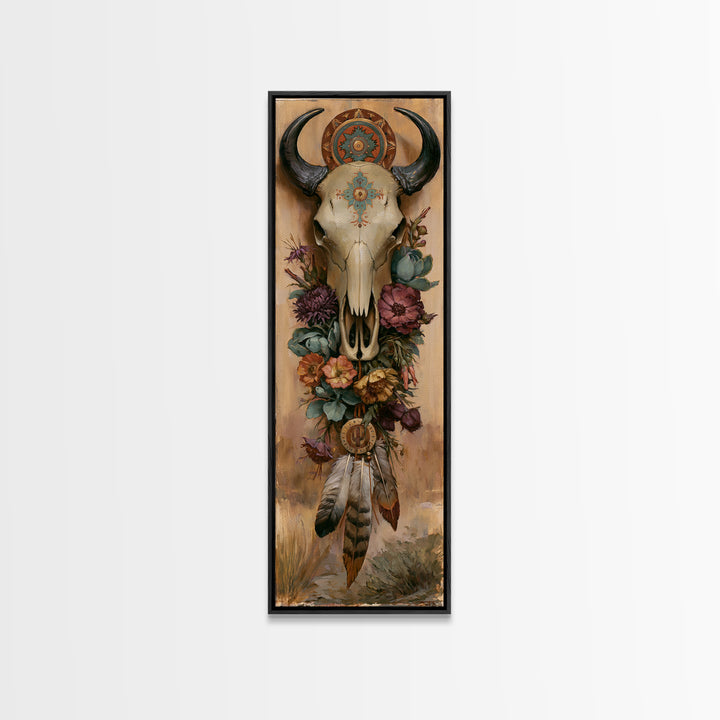 Cow Skull with Desert Flowers and Feathers Framed Canvas Print, Southwestern Art, Printable Art, Southwestern Decor, Mesa, SOU-1x3-15