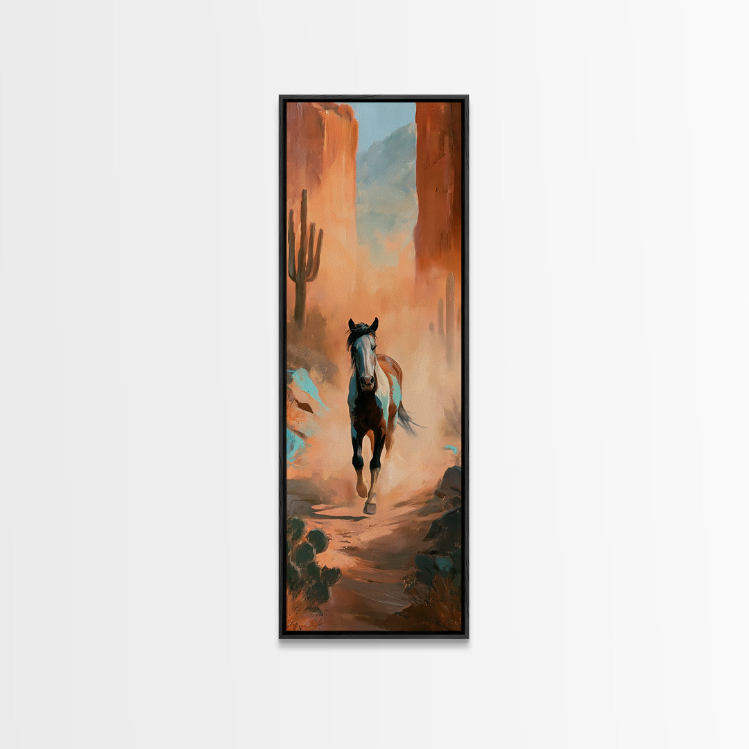 Wild Mustang Running Through Dusty Canyon Canvas Print, Southwestern Art, Neutral Decor, Southwestern Decor, Oil Painting, Mesa, SOU-1x3-18