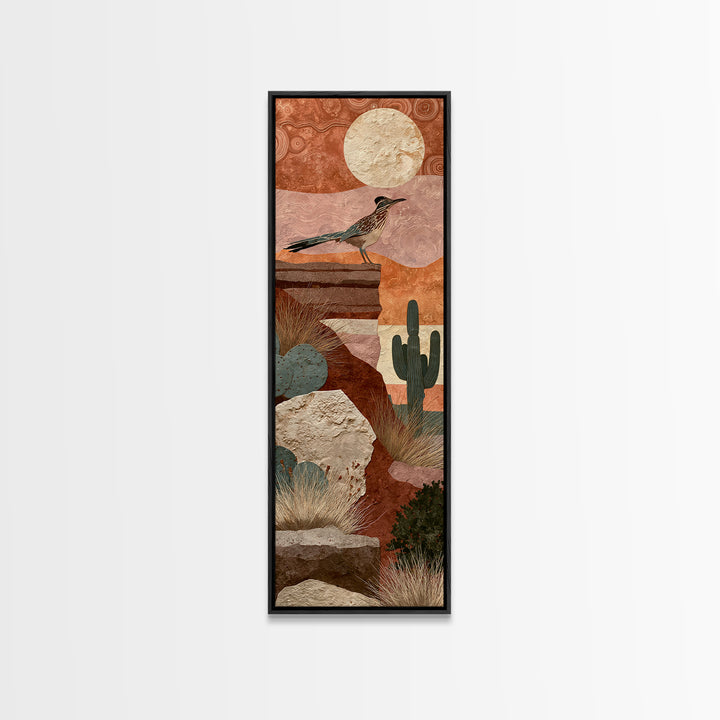 Roadrunner under a Pale Desert Moon Framed Canvas Print, Southwestern Art, Art, Southwestern Decor, Mesa, Boho Wall Decor, SOU-1x3-20