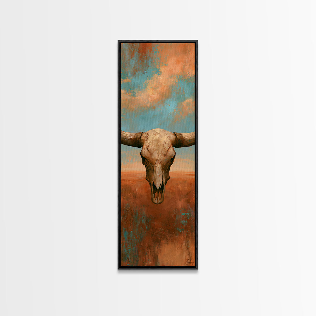 Sun Bleached Longhorn Skull Still Life Framed Canvas Print, Southwestern Art, Wall Art, Southwestern Decor, Oil Painting, Mesa, SOU-1x3-69