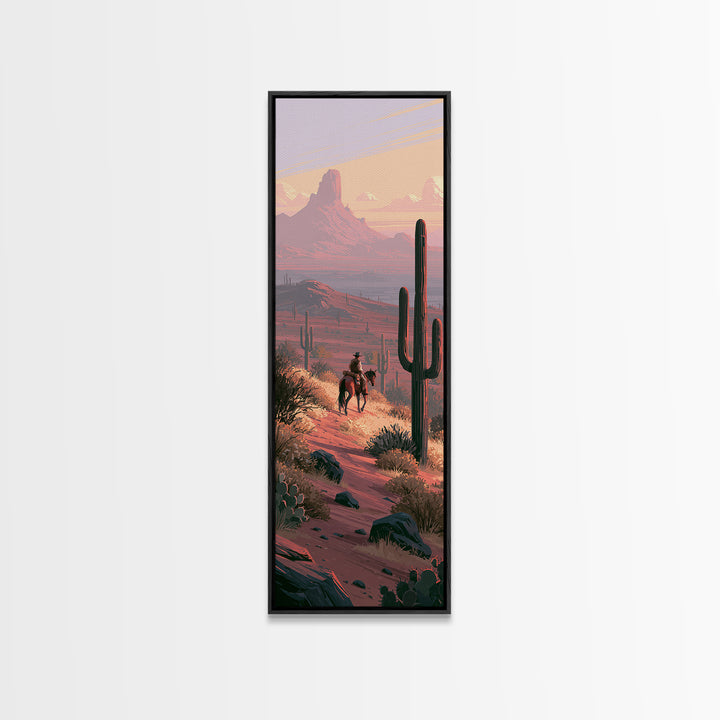 Horse Rider Crossing Desert at Dusk Framed Canvas Print, Southwestern Art, Western Art, Southwestern Decor, Oil Painting, Mesa, SOU-1x3-79