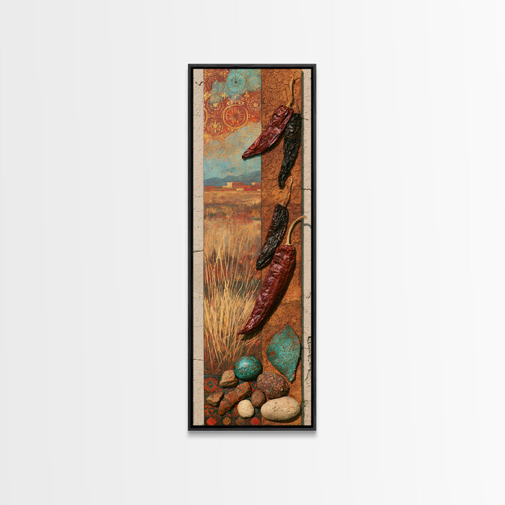 Dried Chili Peppers and Adobe Texture Framed Canvas Print, Southwestern Art, Tapestry Wall Art, Southwestern Decor, Mesa, SOU-1x3-84