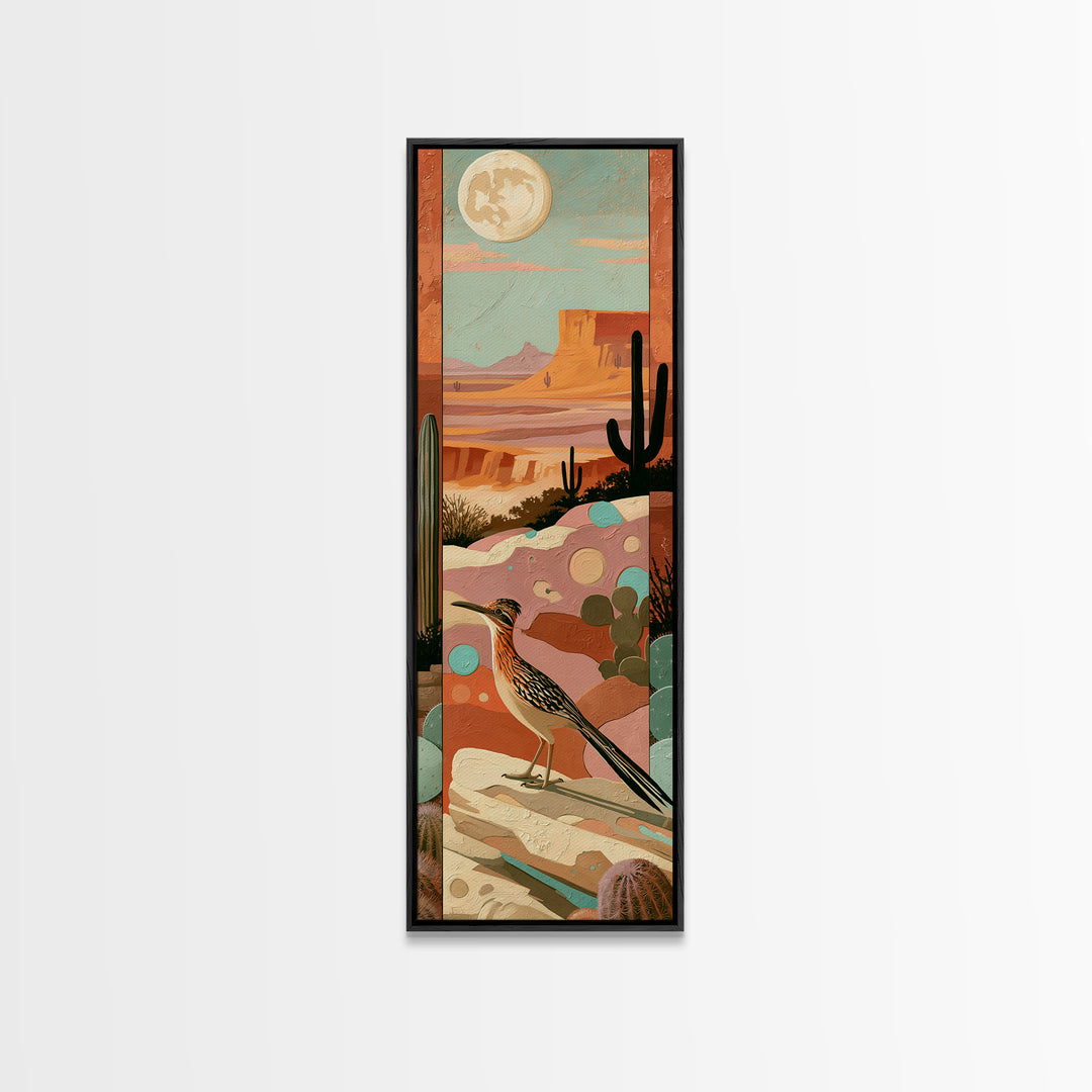 Roadrunner under a Pale Desert Moon Framed Canvas Print, Southwestern Art, Mexican Folk Art, Southwestern Decor, Watercolor Art, SOU-1x3-92