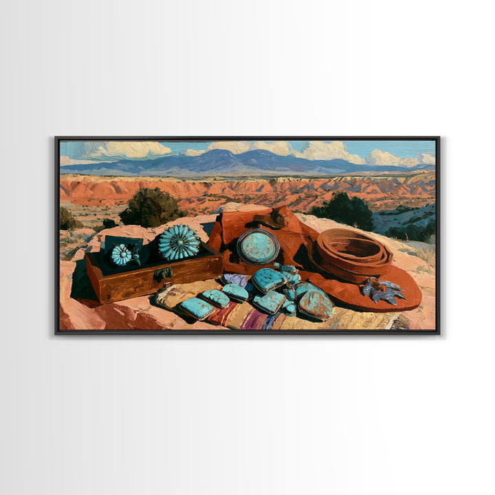 Turquoise Jewelry and Leather Still Life Canvas Print, Southwestern Art, Prints Wall Art, Southwestern Decor, Fine Art, Mesa, SOU-2x1-31
