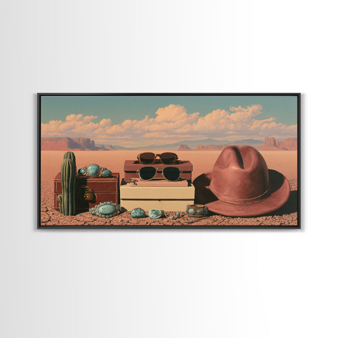 Turquoise Jewelry and Leather Still Life Framed Canvas Print, Southwestern Art, Printable Wall Art, Southwestern Decor, Mesa, SOU-2x1-7