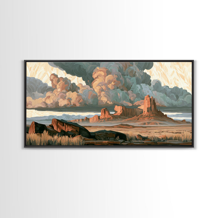Desert Storm Clouds Framed Canvas Print, Southwestern Art, Tapestry Wall Art, Southwestern Decor, Oil Painting, Mesa, SOU-2x1-80